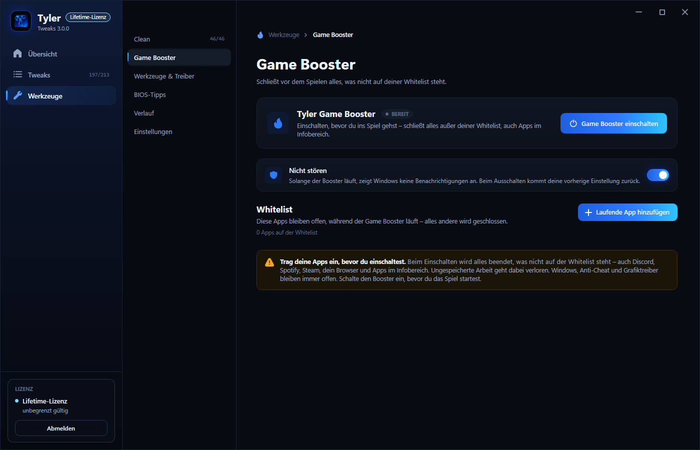 Game Booster mit Whitelist und „Nicht stören“